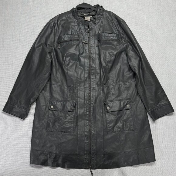 Vintage Jessica London Leather Jacket Black Long Zip Front Plus Size 22 - Picture 1 of 13